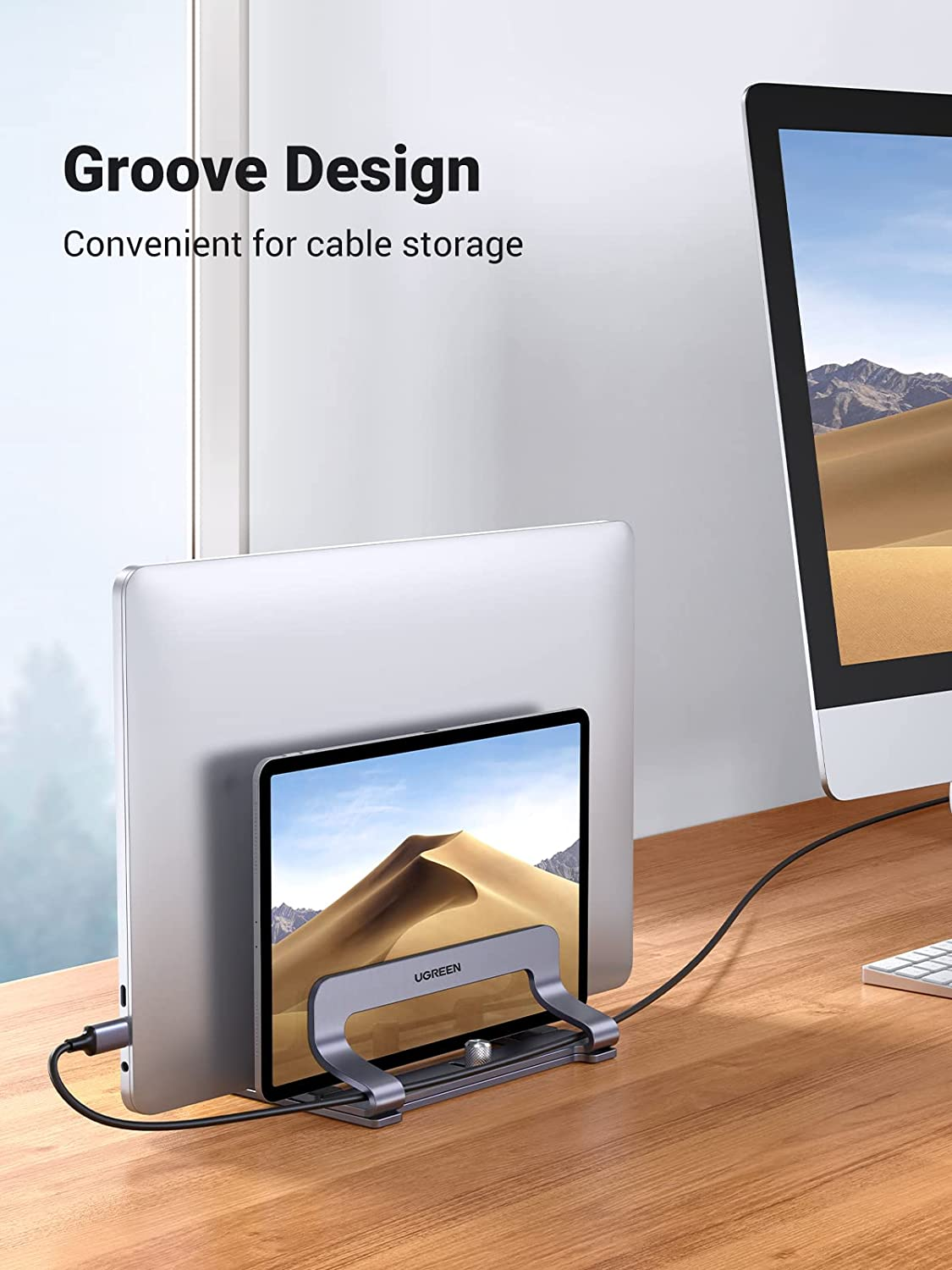 UGREEN Vertical Laptop Stand for Desk, Dual Slot Aluminum Holder, Adjustable Dock, Compatible with Macbook, Chromebook, up to 17.3 Inch, Grey image number 1