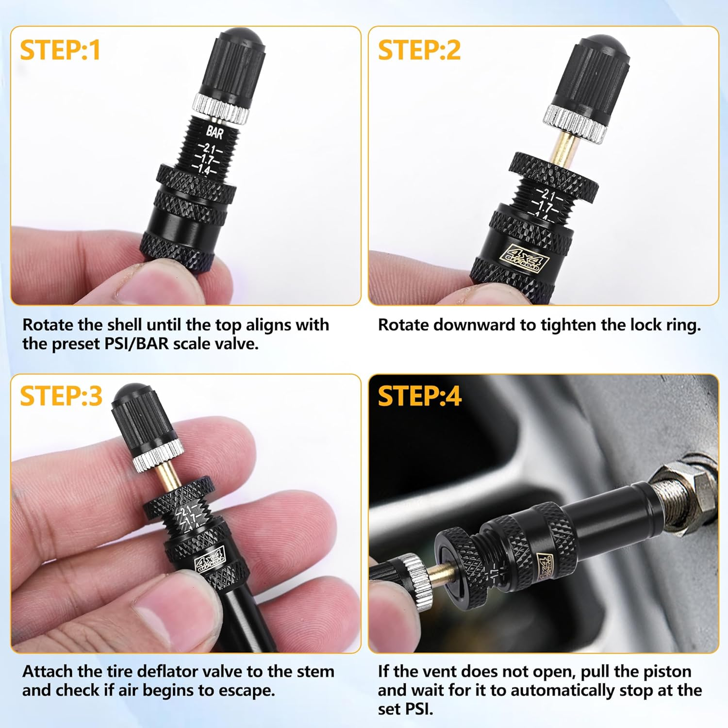 Automatic Tire Deflator Kit, 4 Pcs Adjustable Auto-Stop Tire Deflator Valve (10-30 PSI), 4X4 Portable Air Deflator Tire Valve Core Tool, Tire Air down Tool for Vehicles, Motorcycles, Cars, Trucks image number 1