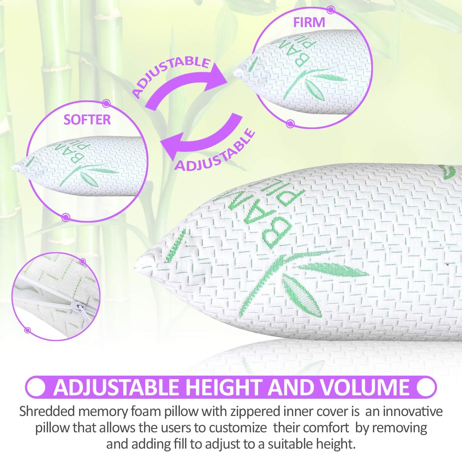 King Size Rayon Derived from Bamboo Pillow for Sleeping, Cooling Shredded Memory Foam Bed Pillows Set &ndash; Back, Stomach, Side Sleeper, Removable Cover, Adjustable Firmness, King (Pack of 1) image number 2