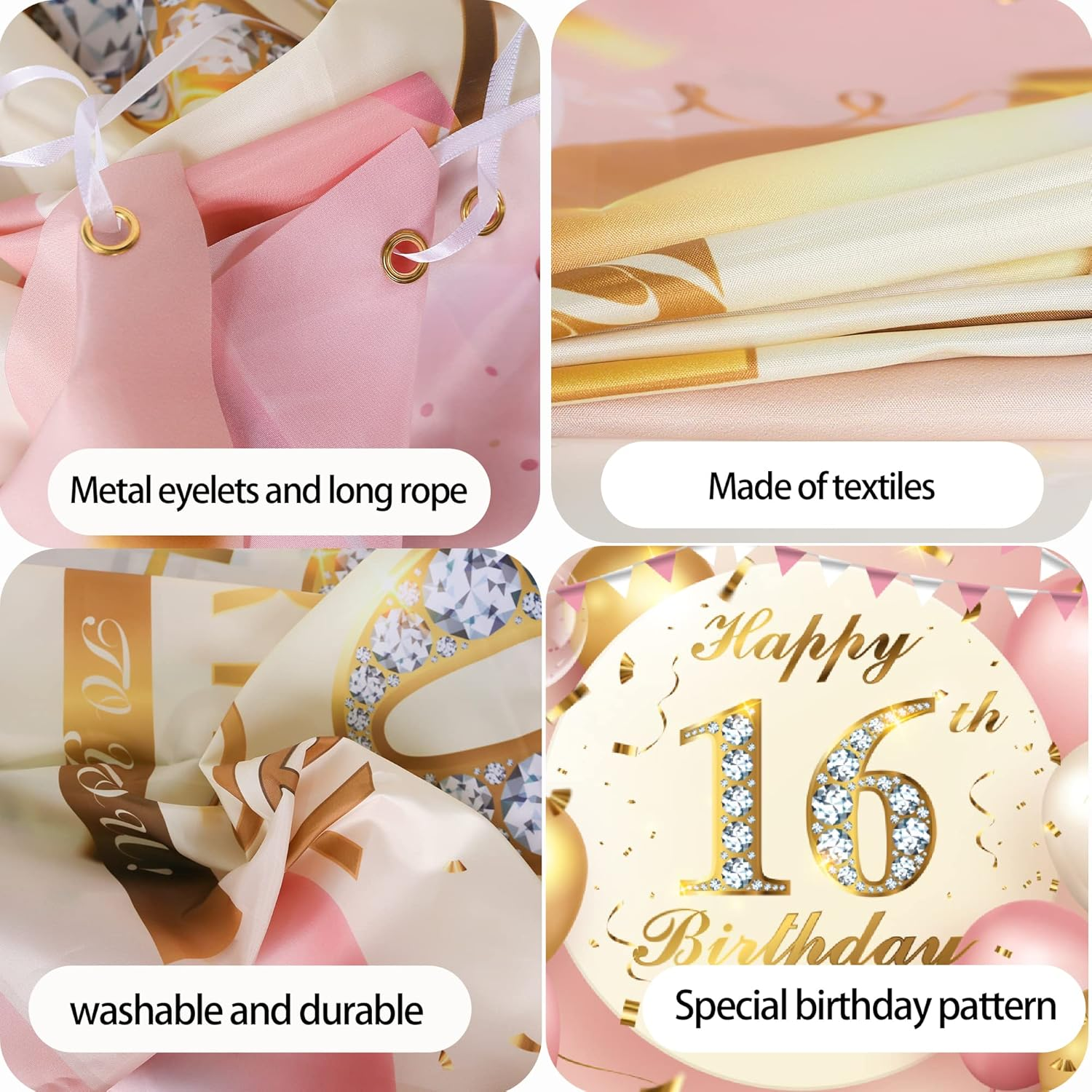 16Th Birthday Banner,Rose Gold Birthday Party Decoration for 16Th Birthday,Happy Birthday Banners Decoration Background，16Th Outdoor Party Birthday Decoration Background&hellip; image number 3