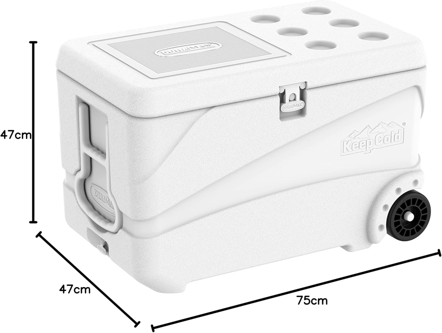 Duramax Deluxe Icebox 80L, High Performance Cool Box with PU Insulation, 6 Days of Ice Retention, Icebox with Wheels & Handles for Easy Mobility, Cup Holders on Lid, Durable Cool Box, Ice Chest, White