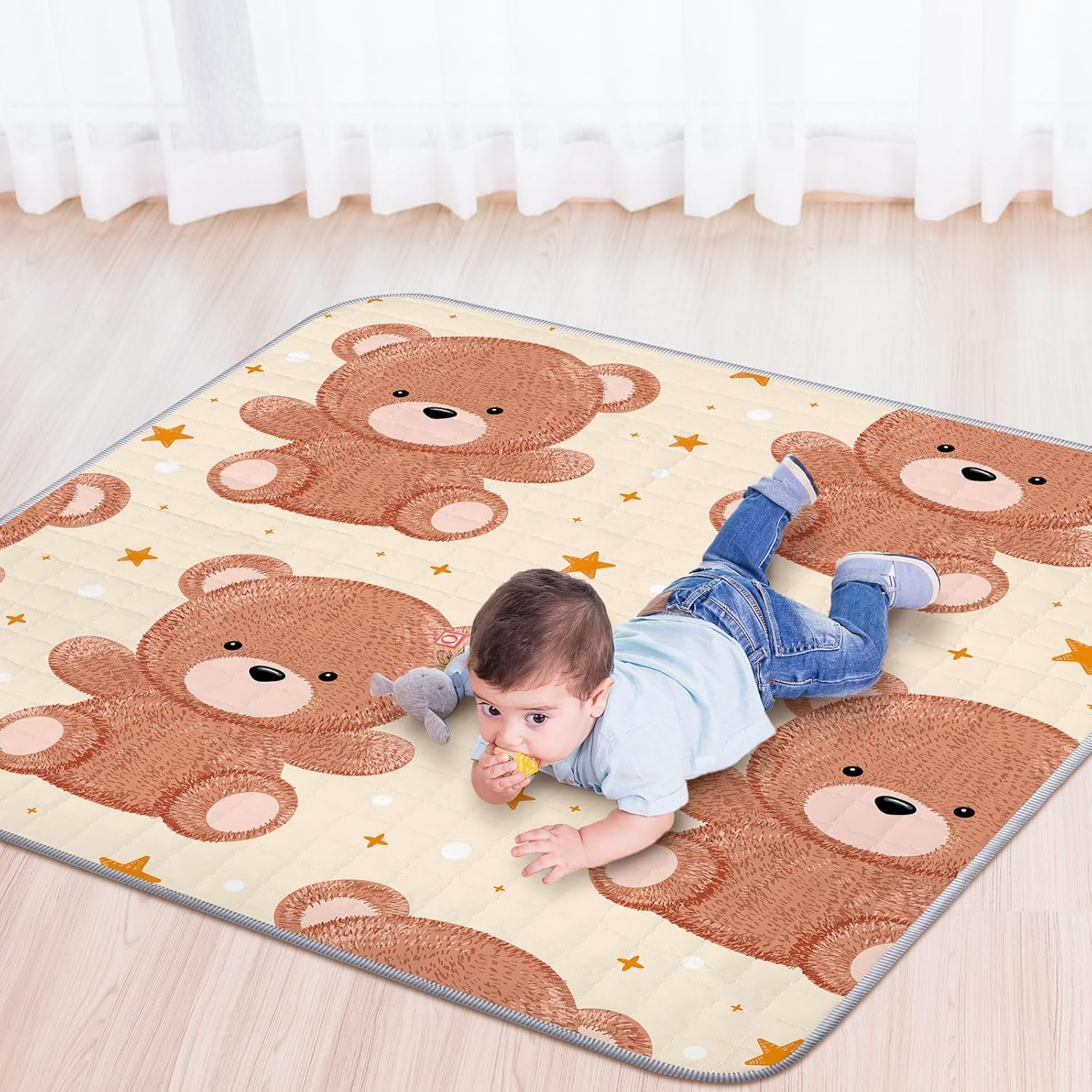 Funtery 43 X 43 Inch Boho Baby Play Mat Portable Crawling Washable Foldable Tummy Time Non Slip Baby Floor Large Playpen Mat for Infants Toddlers Floor Playpen Activity(Bear) image number 4