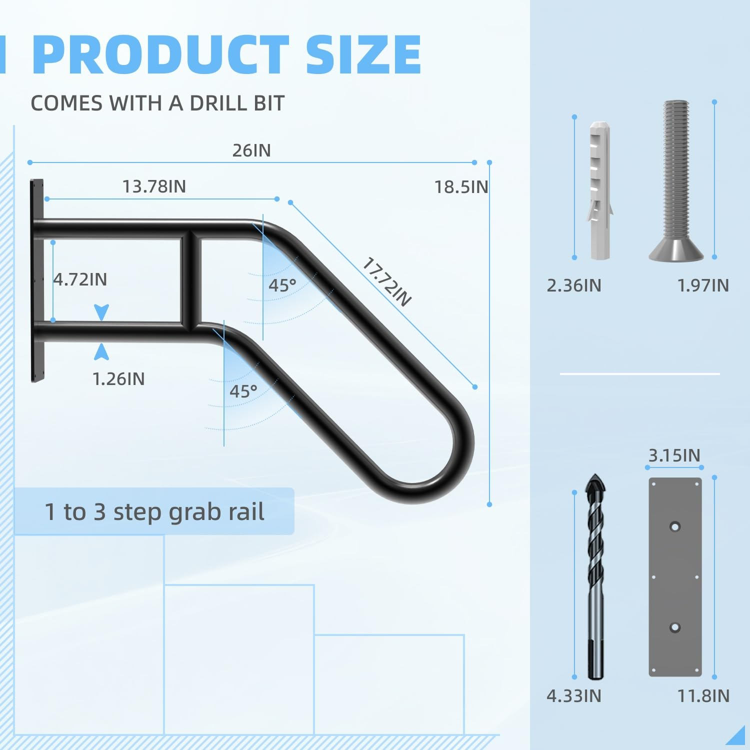 Handrails for Outdoor Steps Wall Mount, Railings for 1-3 Steps, U-Shaped Handrail with Matte Black Finished, Stair Handrails for Kids, Elderly, Pregnant Women, Disabled (26" Length, 1.25" Pipe) image number 3
