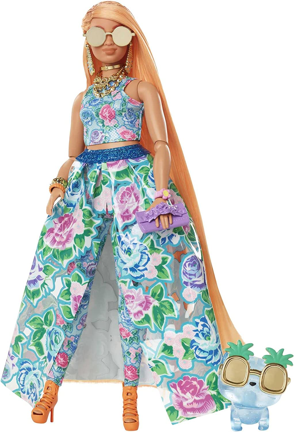 Barbie Extra Fancy Fashion Doll & Accessories with Curvy Shape & Orange Hair in Floral 2-Piece Gown with Pet Kitten image number 3