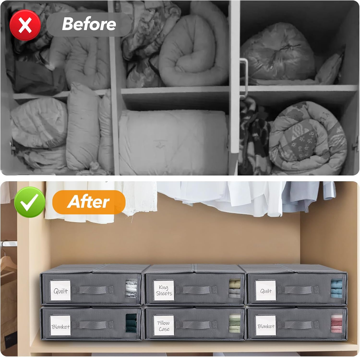 Linen Storage Bag, Bed Sheet Organiser with Handle, 6 Pack King Size Foldable Storage Box for Wardrobe, under Bed Storage | Premium Organiser with Clear Window & Labels for Home Storage & Organisation image number 6