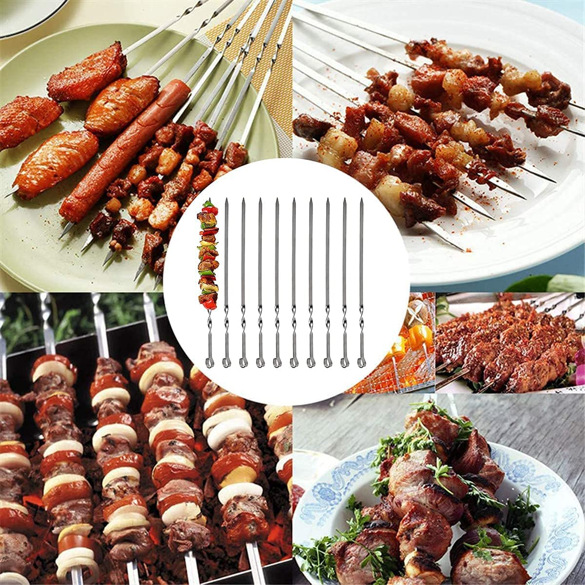 Barbecue Skewers, 10 PCS Flat Long Reusable Steel Metal Skewers for BBQ Grilling, Roasting (Length 30Cm/11.81In) image number 3