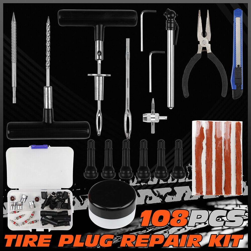 HORUSDY 108-Piece Tyre Puncture Repair Kit, Heavy Duty Tire Tube Recovery Plugs off Road Flat Tyre Car 4WD Motorcycle with Storage Case
