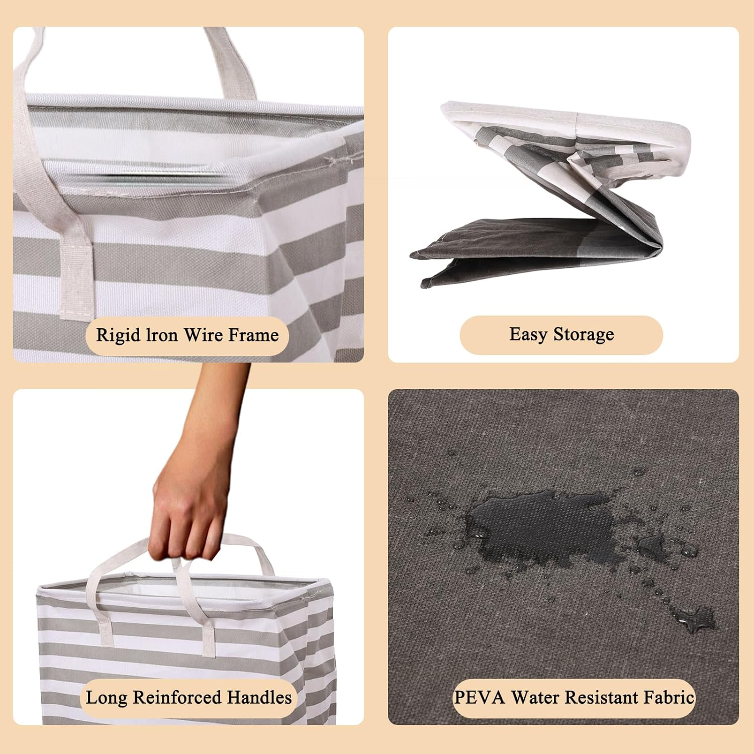 2-Pack Large Laundry Basket, Waterproof, Collapsible Tall Clothes Hamper with Extended Handles for Clothes Toys in the Dorm and Family-(75L, Stripe) image number 4