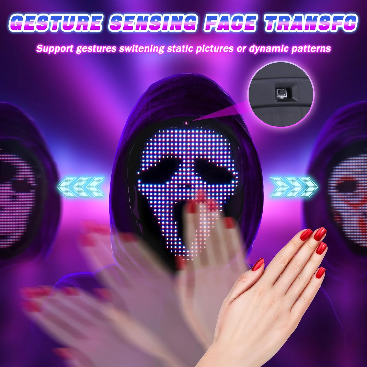 Quntis Face Transforming LED Mask for Adults & Kids, 80 Pattern Glowing LED Halloween Digital Luminous Mask for Costume Cosplay image number 2