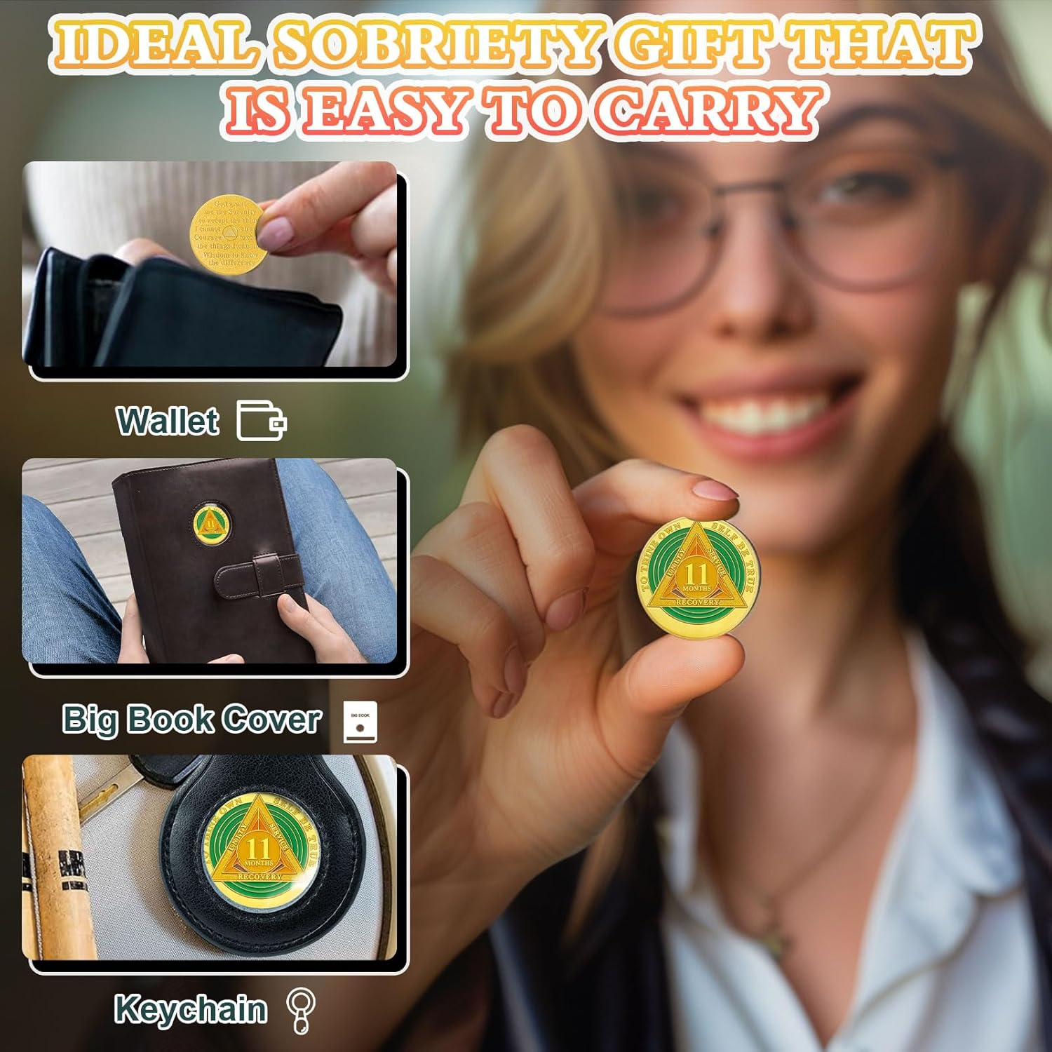 Green Triangle 11 Month Sobriety Coin Eleven Month Sober Gold Coin Rainbow Sobriety Chip AA Chips and Medallion AA Coin Recovery Chip Sobriety Token Sobriety Gifts for Women Men image number 1