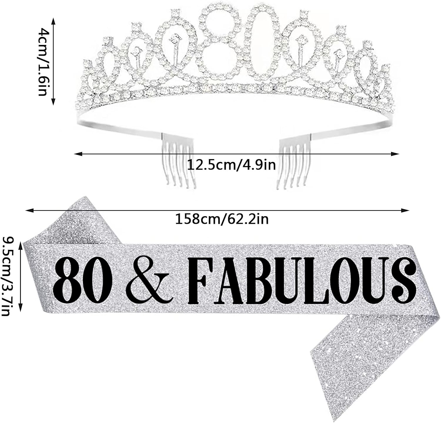 80Th Birthday Sash and Tiara for Women, 80 & Fabulous Sash and Tiara Birthday Crown - Silver image number 4