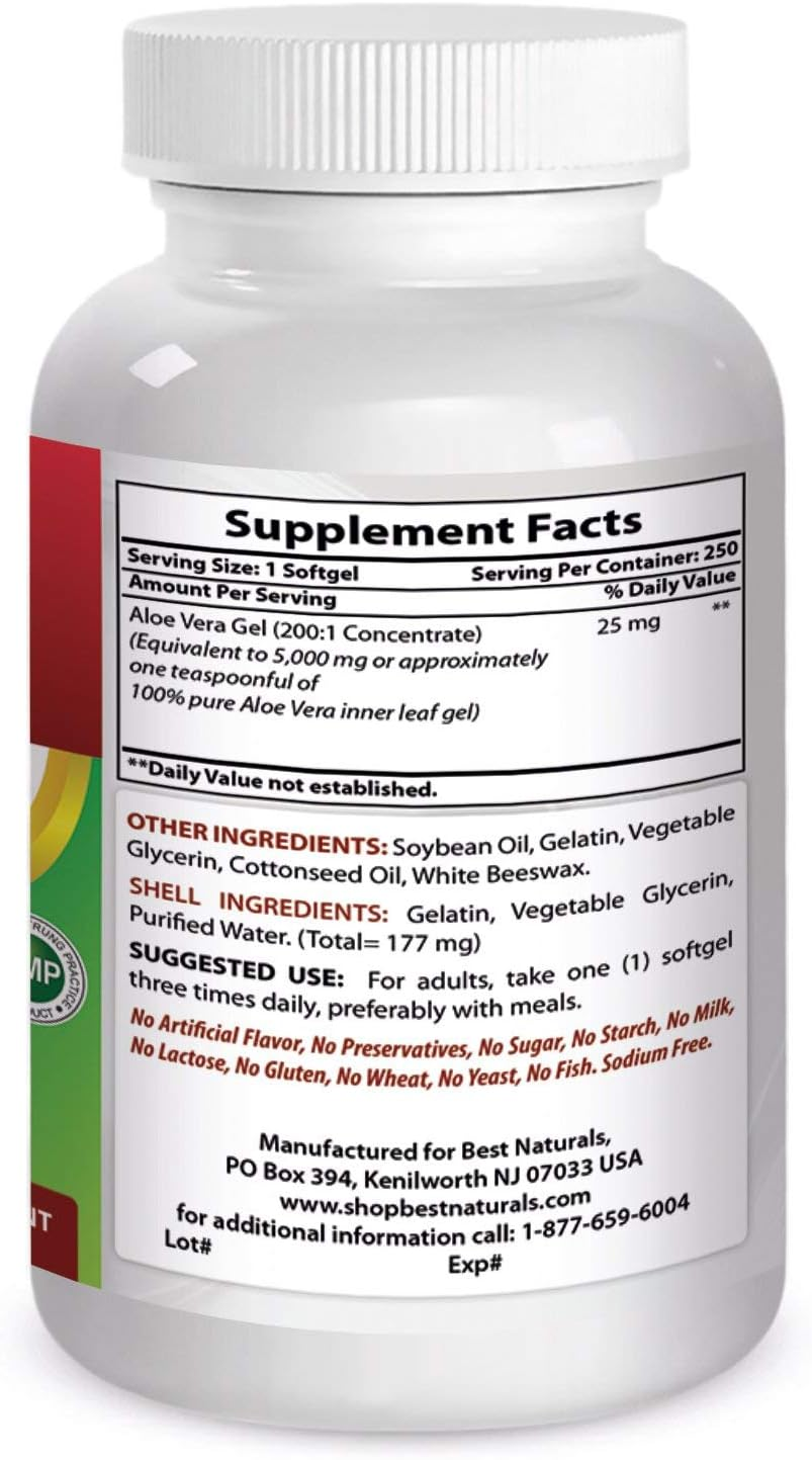 1 Aloe Vera Gels 5000 Mg 250 Softgels by Best Naturals - Traditional Digestive Aid - Manufactured in a USA Based GMP Certified and FDA Inspected Facility and Third Party Tested for Purity. Guaranteed image number 1