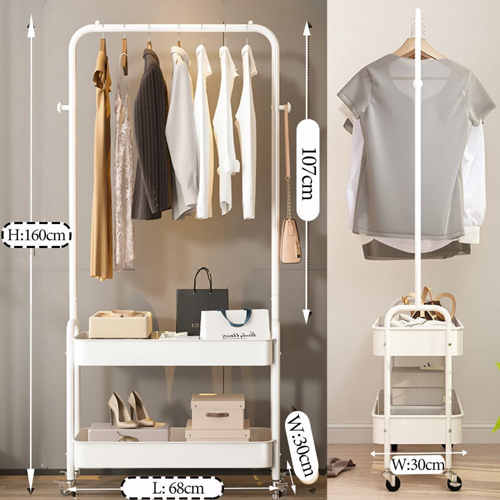 Clothes Rack Metal Clothes Rail Coat Rack for Bedroom Heavy Duty Clothing Rack Garment Rack 2-Tier Storage Shelves with Small Wheels Organiser Clothes 68Cm Width - Space-Saving Organizer (White) image number 2