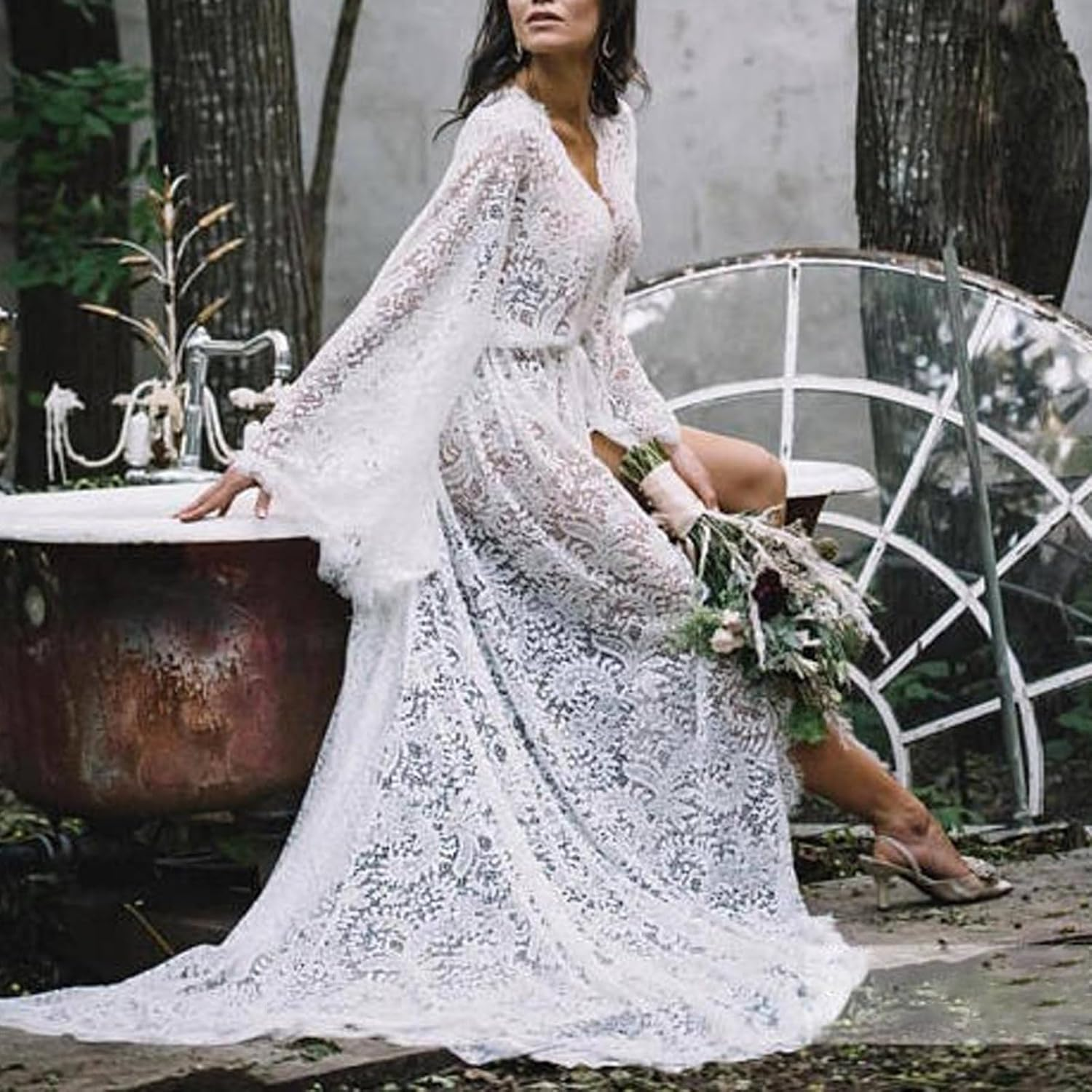 Uneedvog Maternity Dress for Photoshoot Lace Drawstring Pregnancy Clothes V-Neck Long Sleeves Maternity image number 2