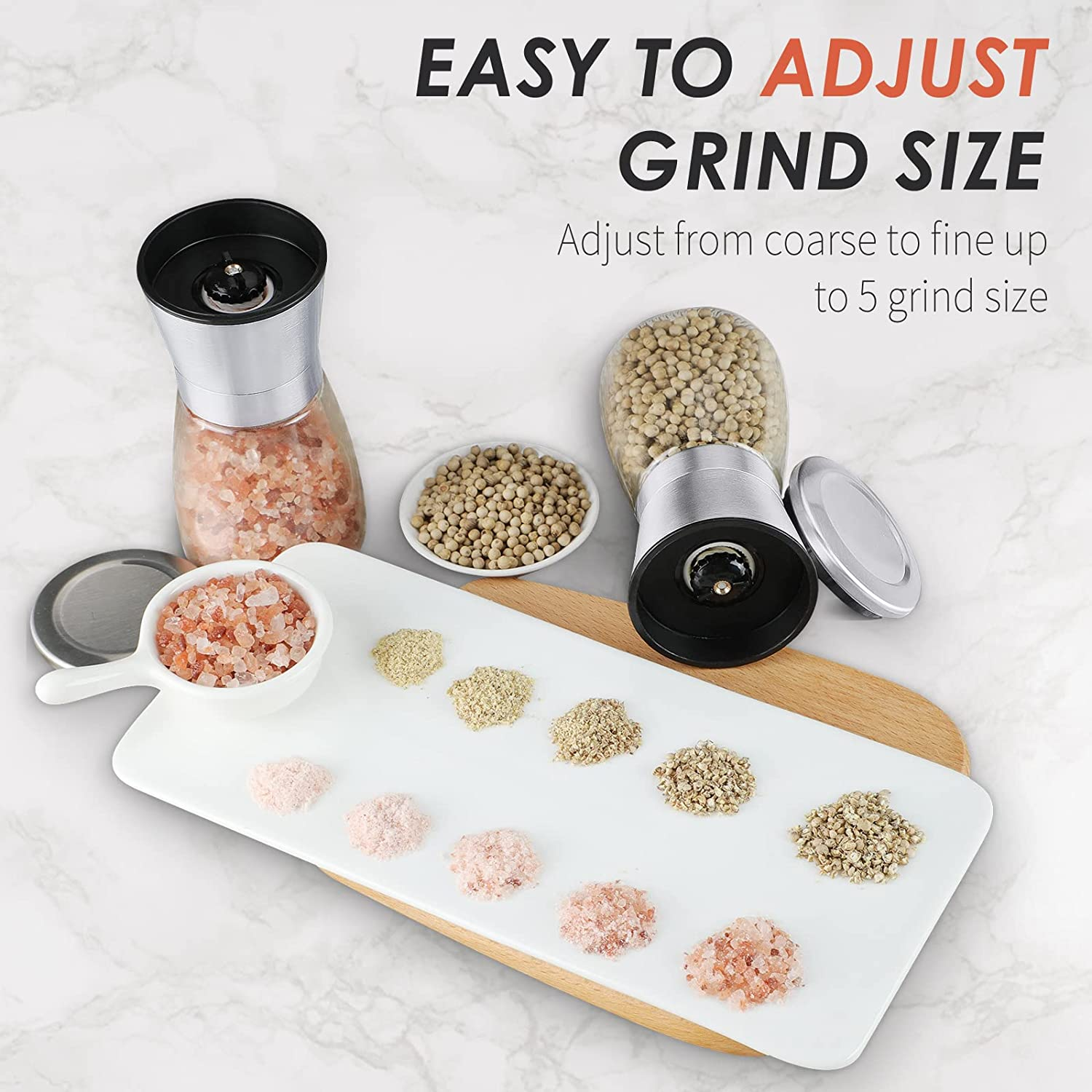 Salt and Pepper Grinder Set - Refillable Grinder Adjustable Coarseness of Pepper Salt Spice Stainless Steel Mills Glass 6Oz（2 Pack） image number 4