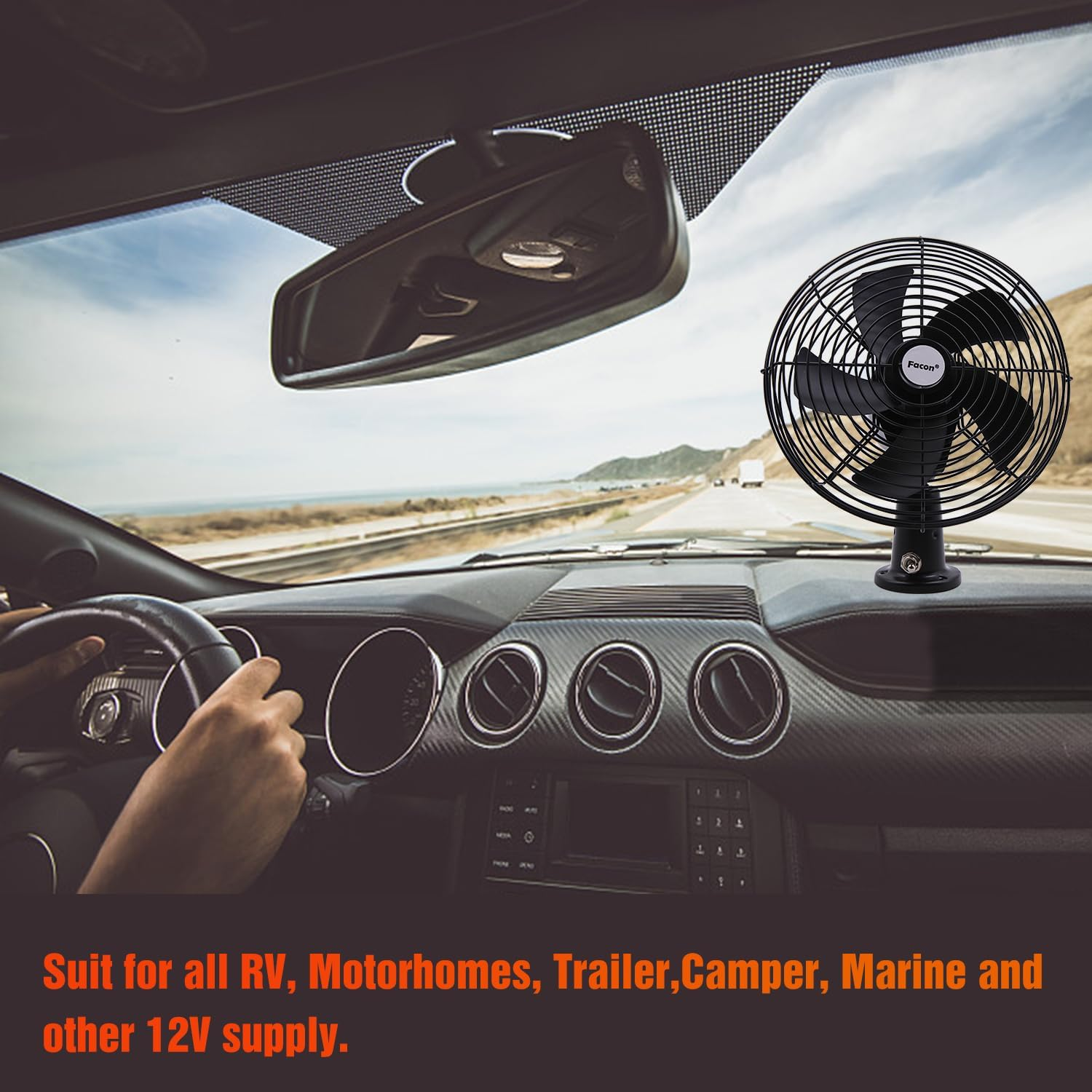 Facon 12V RV Cooling Fan with 2 Speed Switch, Dia: 8-3/4&rsquo;&rsquo;, Heavy Duty Black Metal Car Fan, for Auto Truck, RV, Camper, Trailer, Car, Buses and Boats image number 3