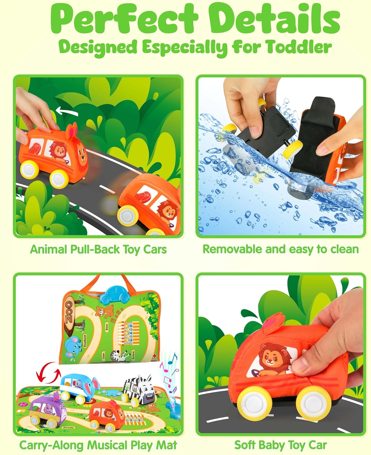 Vanmor Kids Pull-Back Cars Set - 2 in 1 Baby Toy Set with 4 Animal Vehicle and Musical Mat Carrying Bag-Kid Toy Cars for 12M+ Infant, Soft Toys for Babies and Toddlers image number 3