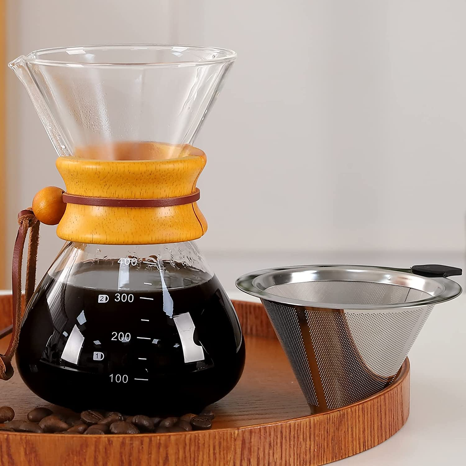 V60 Pour over Coffee Maker Glass Coffee Pot Manual Drip Coffee Brewer with Coffee Filter for Home, Travel (400 Ml, Brown) image number 1