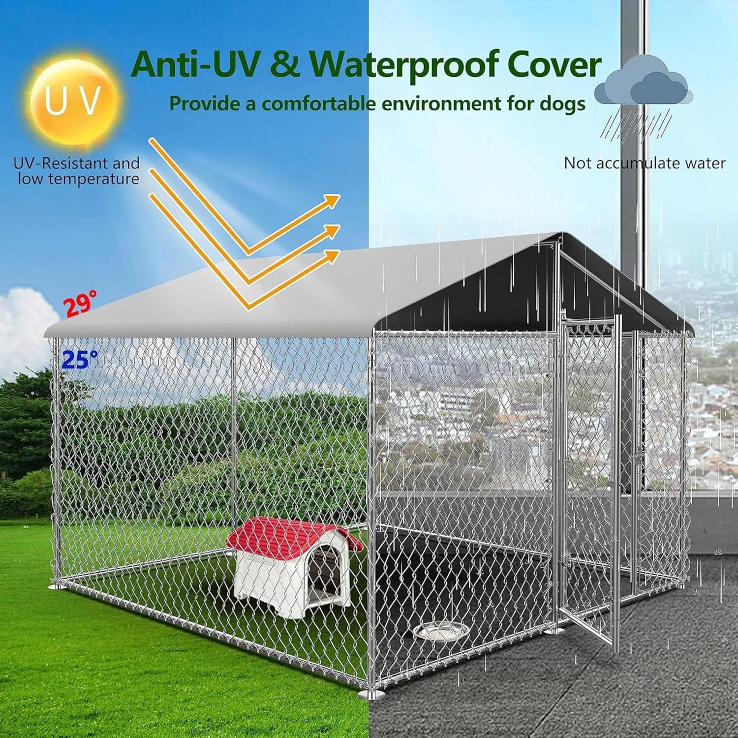 Outdoor Dog Kennel - Durable Galvanised Steel Construction with Safety Lock and UV Protected Canopy - Large Space for Exercise and Play (200 X 200 X 150 Cm) image number 5