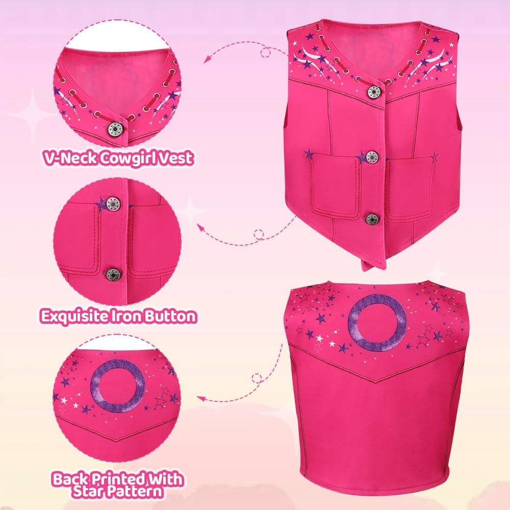 AUTOWT Girls Cowgirl Costume, 5 Pieces Movie Heroine Doll Cosplay Pink Cowgirl Outfit, 1970S 80S Hippie Disco Dress up with Pink Tank Top, Flared Pants, Earrings, Scarf Bag for Halloween Cosplay Party