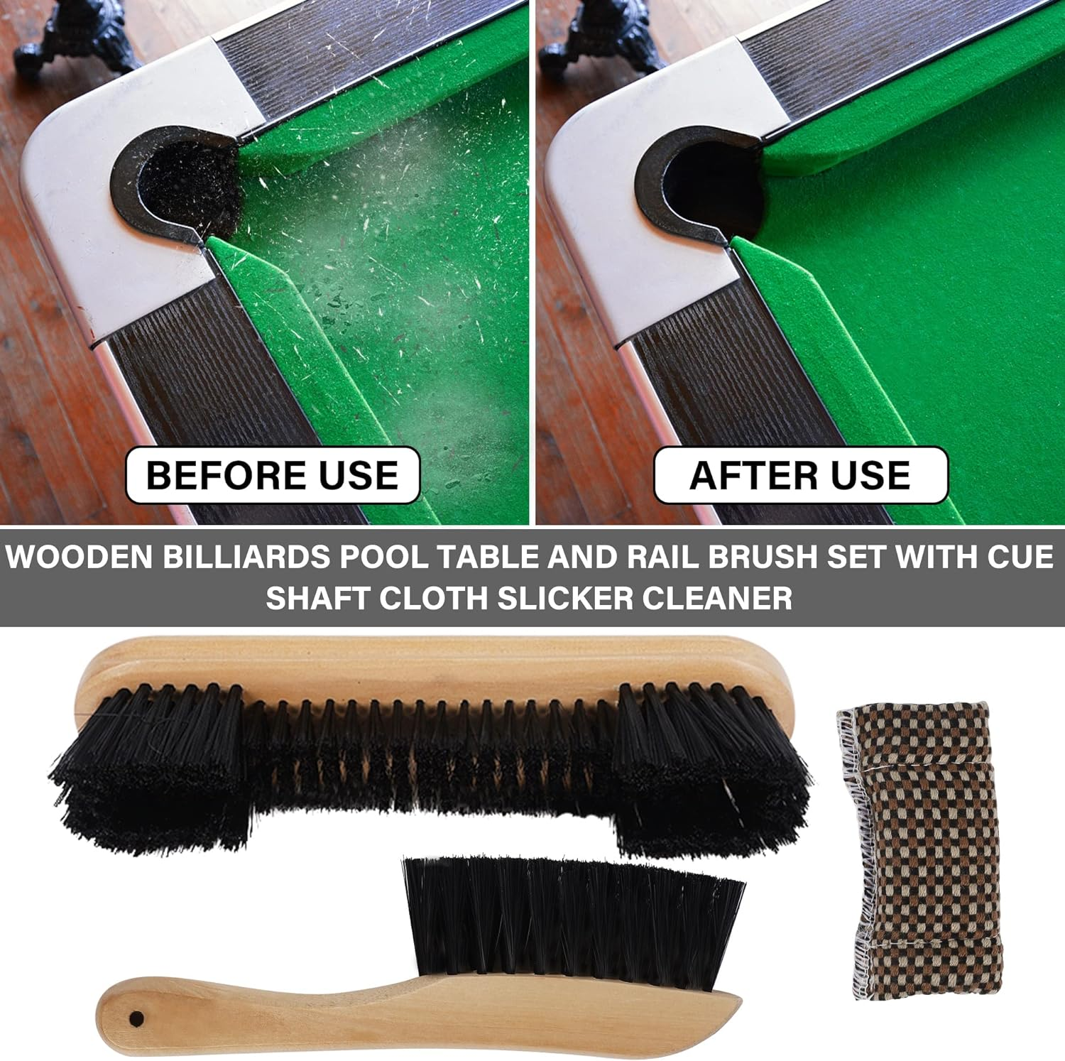 Set of 4 Pool Table Brush, Pool Table Accessories Billiards Table Brush Rail Brush, Cue Shaft Cleaner Cloth and Billiard Cue Chalk, Billiards Pool Table Cleaning Tools image number 1