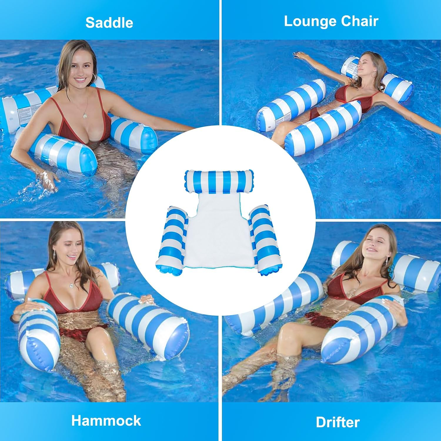 Inflatable Water Hammock Floats Pool 2 Packs - 4-In-1 Swimming Float, Portable Lounge Chair for Adults, Pink+Blue, Double image number 3