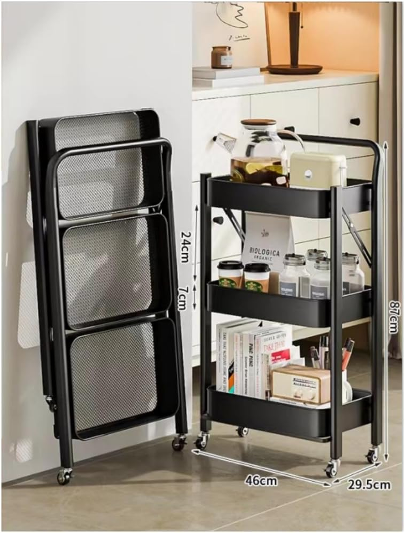 Foldable Storage Cart 3 Tier Rolling Cart with Wheels No Assembly Required Folding Metal Rack Organizer for Living Room, Kitchen, Bathroom, Bedroom and Office,Foldable Rolling Rack image number 6