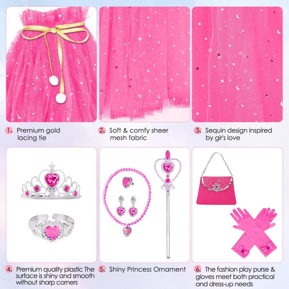 Slowton Princess Cape Set - 11 Pieces Princess Cloak with Handbag Tiara Crown Wand Gloves Jewelry - Princess Dress up Costume for Halloween Cosplay Christmas Birthday Party, Aged 3-8 image number 3