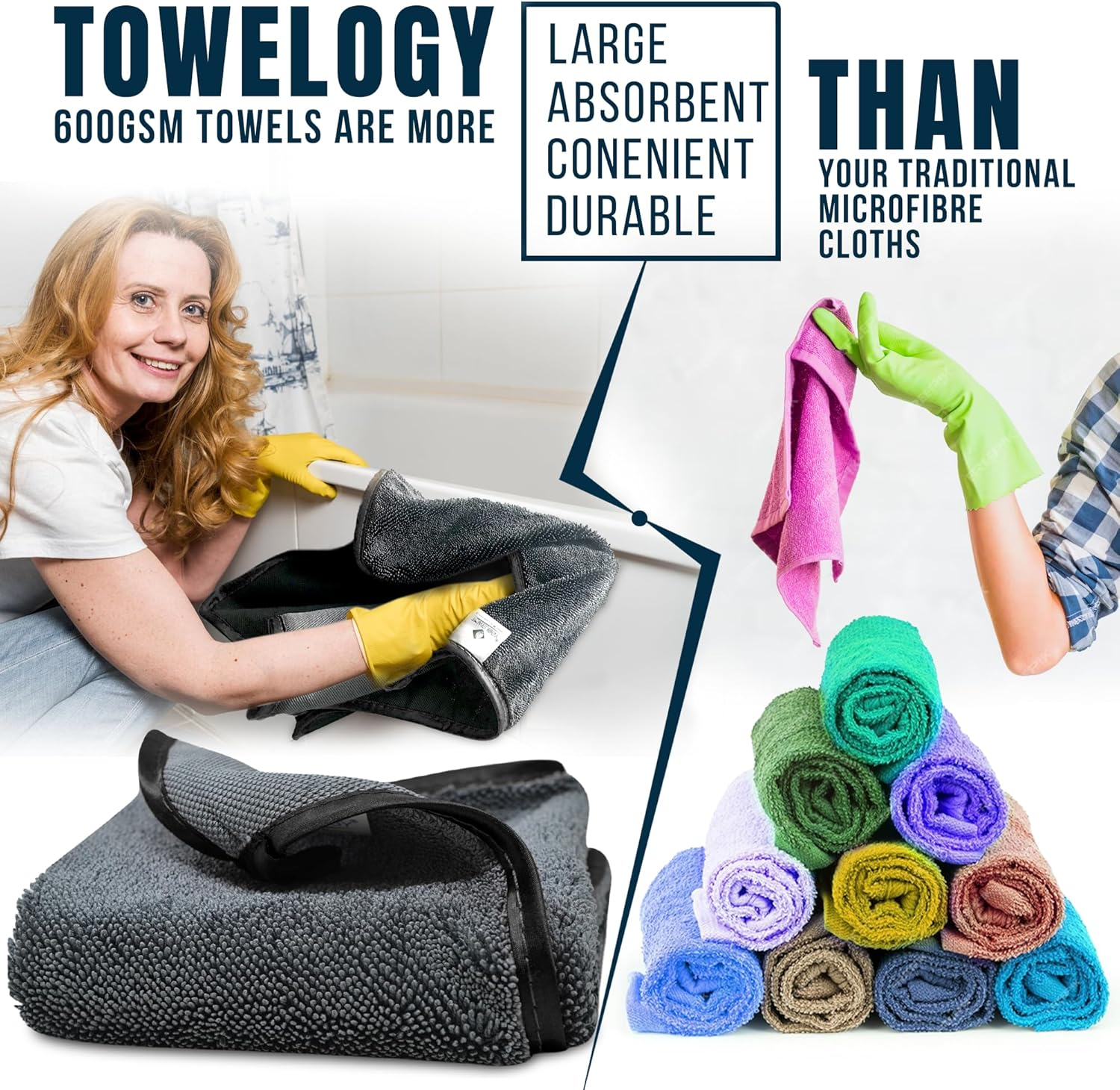 Towelogy Microfibre Shower Drying Cloths Streak Free, Super Absorbent Cleaning Cloth for Glass, Window, Kitchen, Car, Bathroom Drying Cloth | 2 Pack, Large 40X40Cm (Black) image number 5