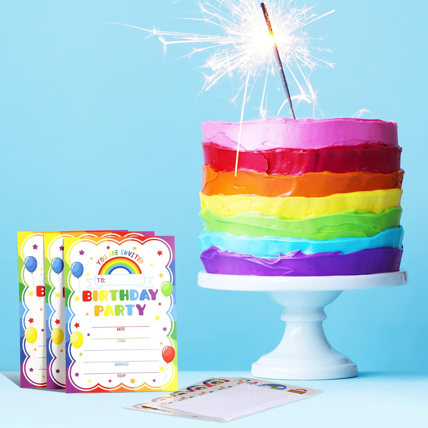 30 Pack Rainbow Birthday Party Invitations for Boys Girls Kids Birthday Invitations with 30 White Envelopes and 30 Seal Stickers Labels Rainbow Party Decorations Supplies Cards image number 5