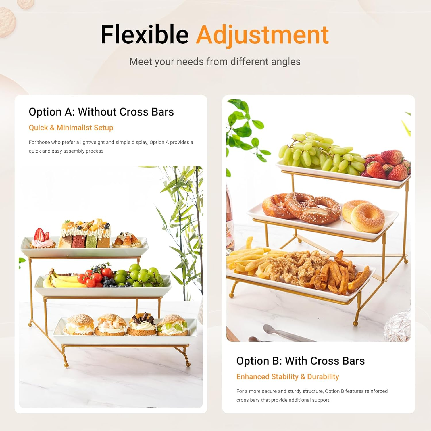 Top G 3 Tier Serving Tray with Stand,Cake Stands Porcelain Tiered Serving Platters Dishes with Collapsible Sturdier Rack, Dessert Display Stand for Party Entertaining, Food Presentation, Gold,14Inch image number 2