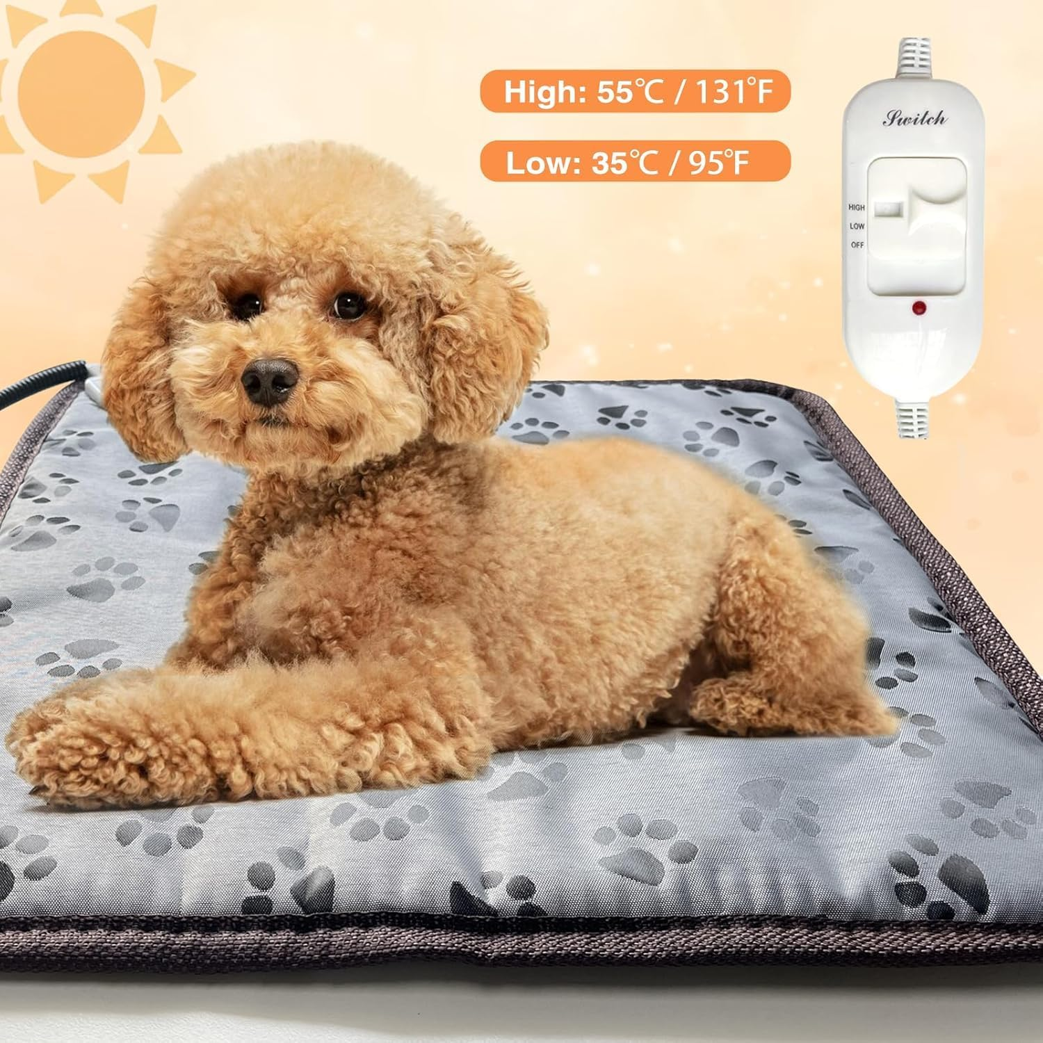 Pet Heated Mat for Cats Dogs, 3 Adjustable Temperature Dog Cat Heating Pad, Warming Heater Bed Pad for Outdoor Cat House, Waterproof (Gray Footmark 45X45Cm)