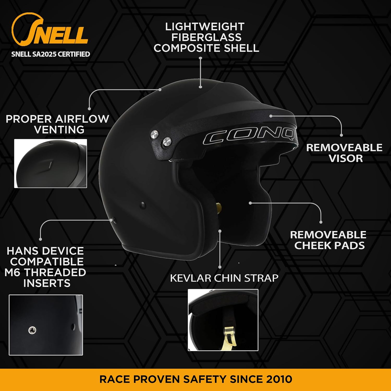 Conquer Snell SA2020 Approved Open Face Auto Racing Race Car Helmet - Adult | Men | Women | Youth - (Black or White) Ships from Australia image number 6