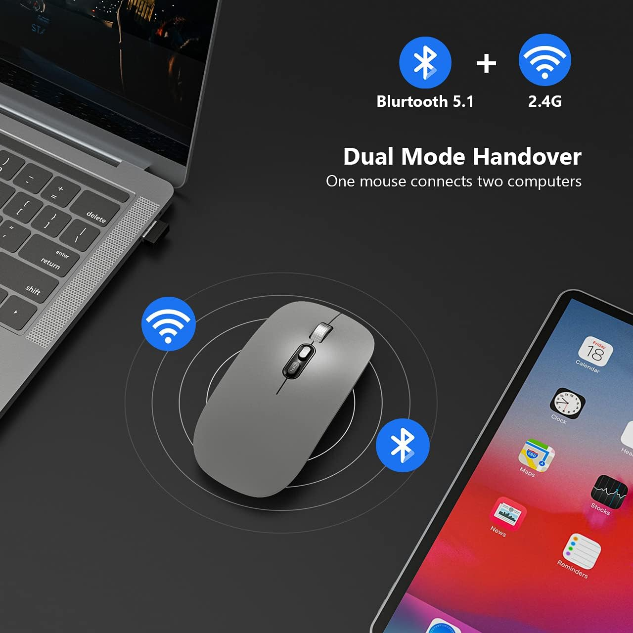 Bluetooth Mouse, Akrobo Rechargeable Wireless Mouse with Dual Mode (Bluetooth 5.1 + 2.4G Wireless),Ergonomic Portable Silent Computer Mouse for Laptop Android Windows Mac OS, Gray image number 4