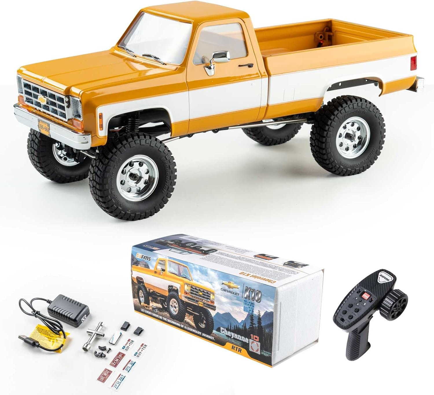 FMS 1/18 Chevrolet K10 RC Truck FCX18, Officially Licensed 4WD 2.4Ghz RC Crawler 2 Speeds Switch with 900Mah Battery and LED Lights, Off-Road RC Model for Adults (Yellow) image number 3