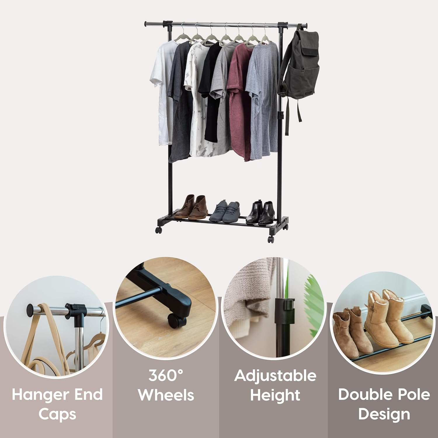 IRIS USA AGRE-1 Adjustable and Extendable Single-Rod Clothes Garment Rack with Lockable Wheels, Black