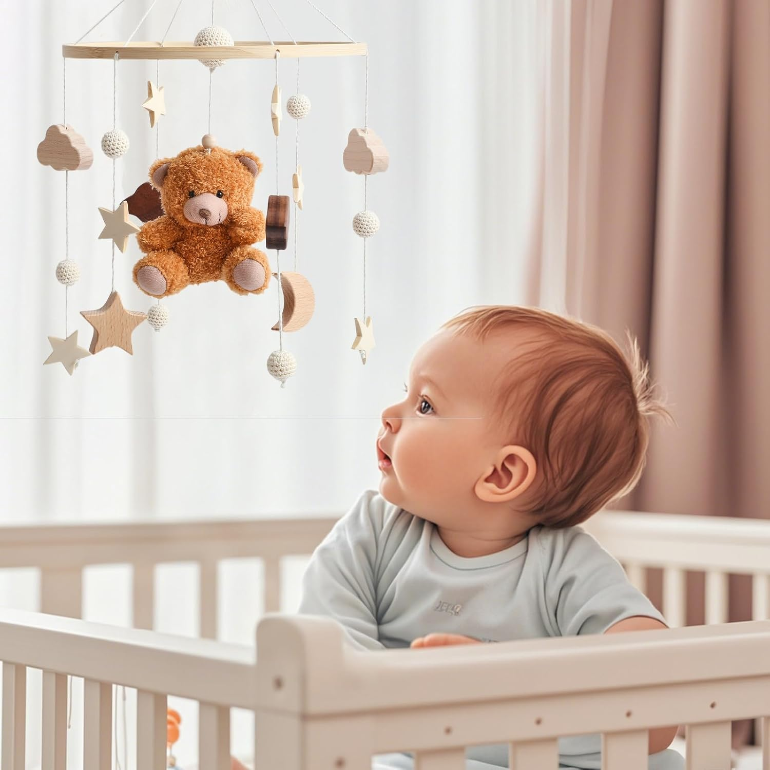 EERKEOD Baby Crib Mobile Nursery Mobile for Boys Girls Teddy Boho Mobile Nursery Decor for Infant Bedroom Hangingfor Bassinet Newborn Baby Gift （Boho Bear） image number 5