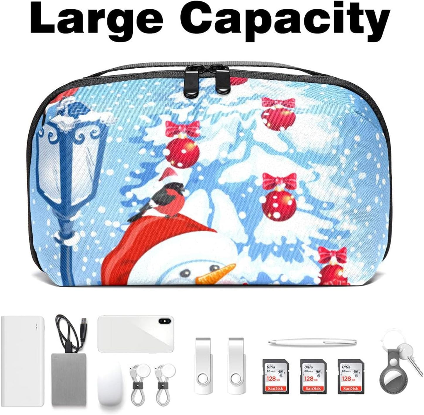 Electronics Organizer, Cord Organizer Travel, Portable Tech Bag, Travel Cable Case, Travel Essentials for Cable Storage, Cord Storage and Electronic Accessories, Christmas Cartoon Snowman Bird Snow Day image number 5