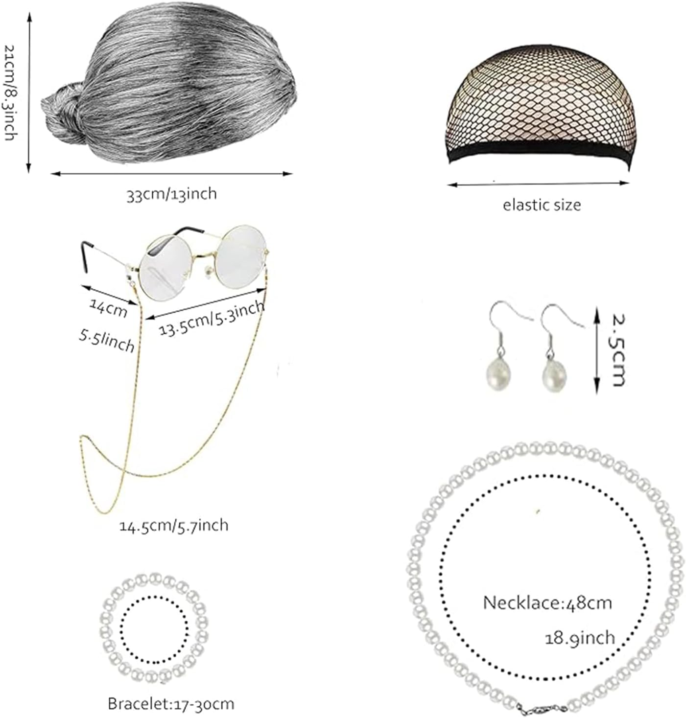 7 Pcs/Set Grandma Old Lady Dress up Set, Granny Wig Adult Halloween Cosplay Party Witch Decoration, Old Women Granny Wig for Halloween Cosplay 100 Days image number 2