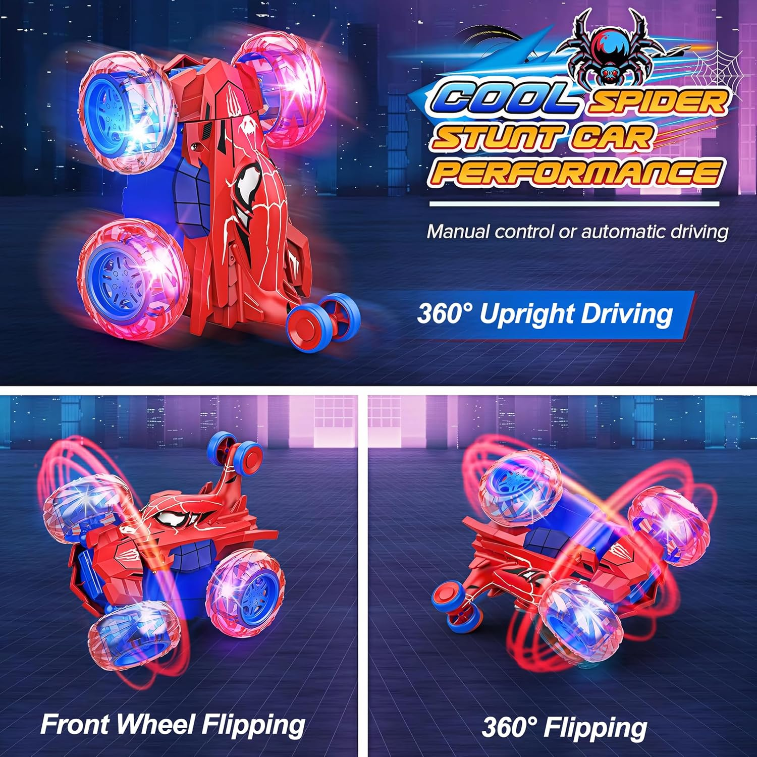 Spider Remote Control Stunt Car, 360&deg; Rotating 4WD Off-Road Double Sided RC Car with Cool Light for Kids Boys Girls Birthday Gift Age 3 4 5 6 7 8 image number 1