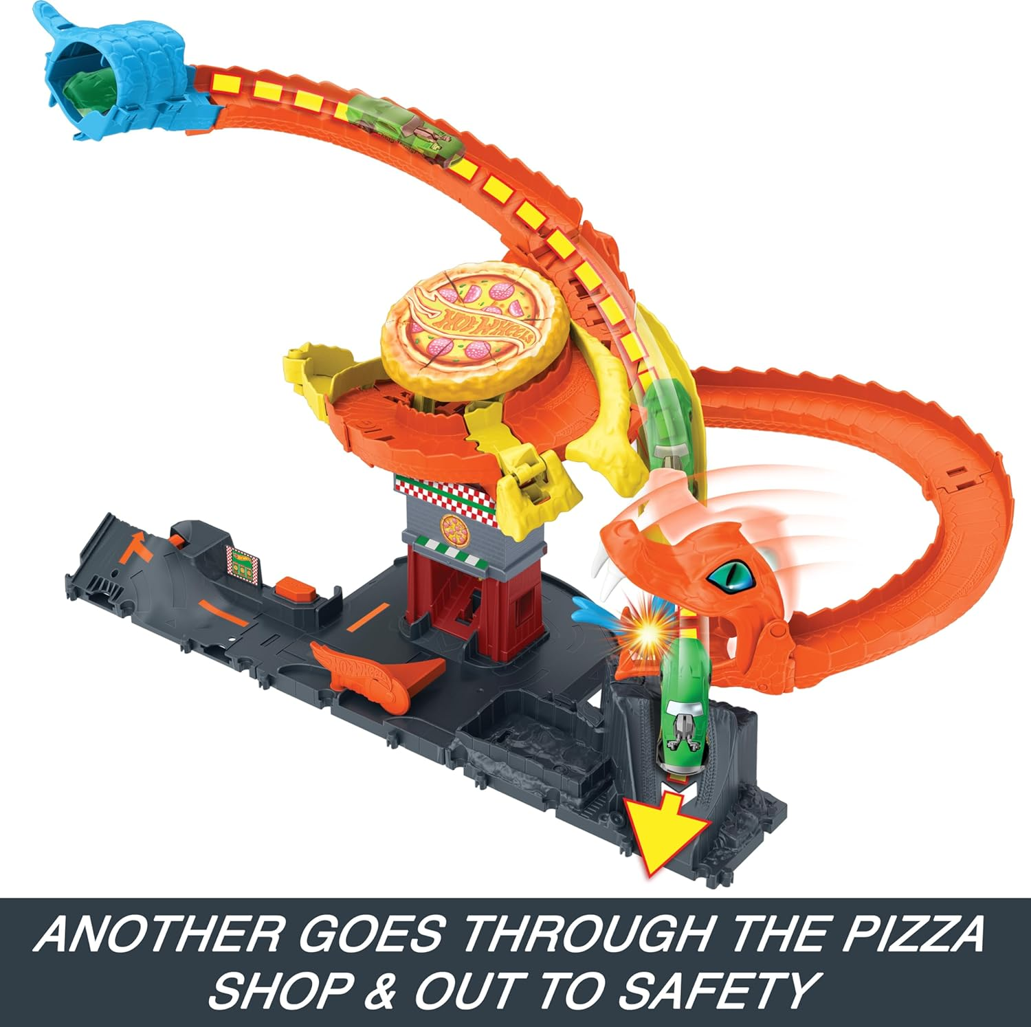 Hot Wheels City Toy Car Track Set, Pizza Slam Cobra Attack Playset, Snake Tail Spiral with Randomizer, 1 Vehicle in 1:64 Scale image number 3