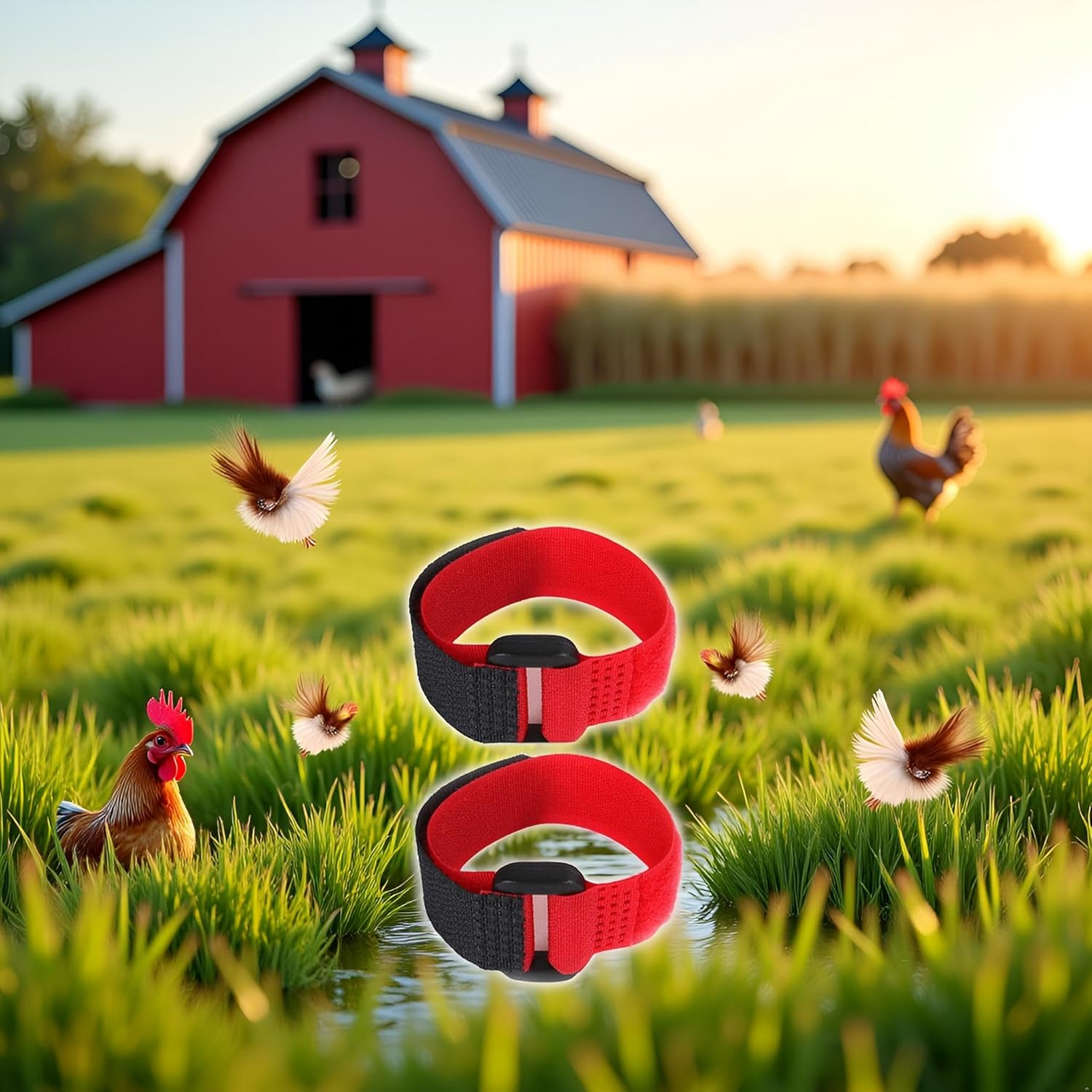 2Pcs Black and Red Crow Rooster Collar, Neck Belt for Roosters Cockerel Velcro Rooster, Crow Collar, Nylon Prevent Chickens from Screaming Basic Collars