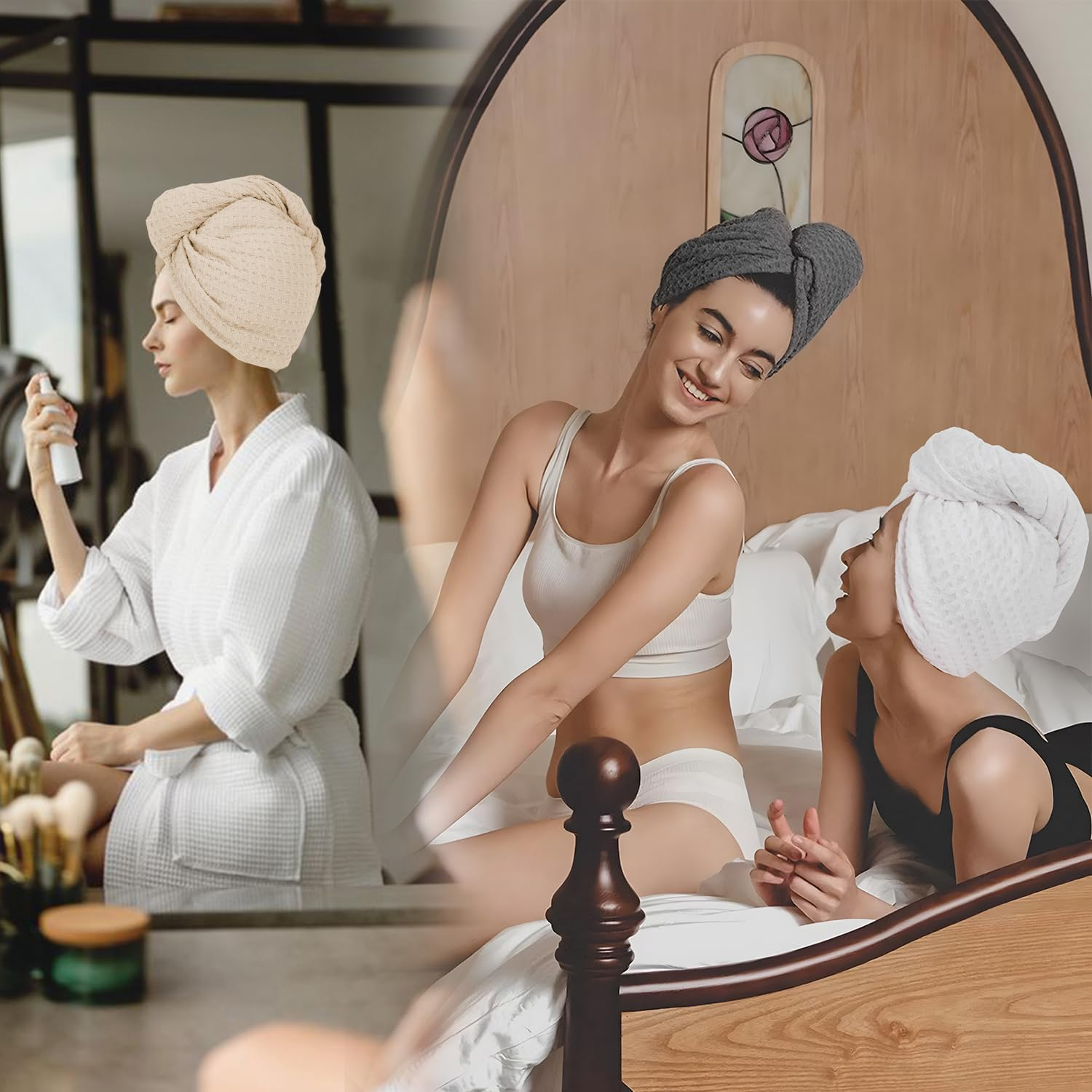 Microfiber Hair Drying Towel with Button 1Pack Khaki Waffle Long Hair Head Wraps Twist Plopping Curly Shower Turban Terry Cloth Fast Absorbent Dry anti Frizz Hair Wraps for Women Wet Hair - 2 Pack Pink image number 7