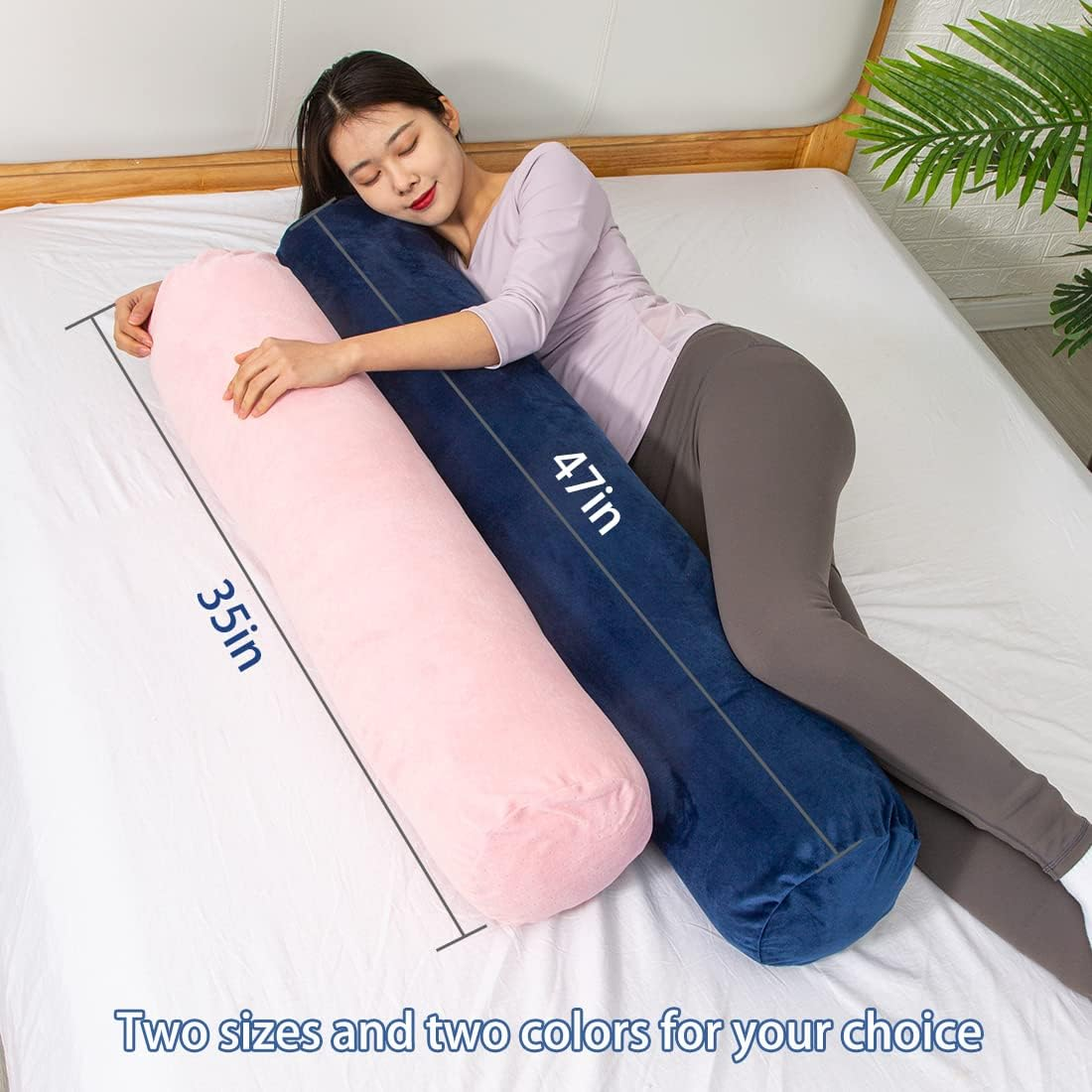 Body Pillow for Adults, Bolster Pillow with Removable Velour Cover, Long round Roll Cylinder Pillow for Bed, 47" X 7.87", Pink image number 6