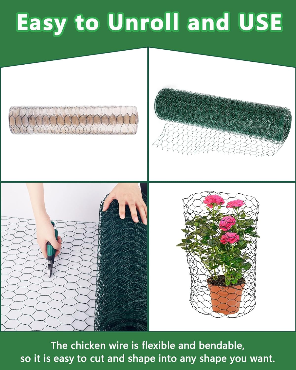 Chicken Wire Fencing,13.8X118 Inch Chicken Wire,19 Gauge PVC Coated Chicken Wire Mesh with 1" Fine Mesh,Hexagonal Galvanized Chicken Wire Fence,Floral Chicken Wire for Crafts Garden Poultry image number 5