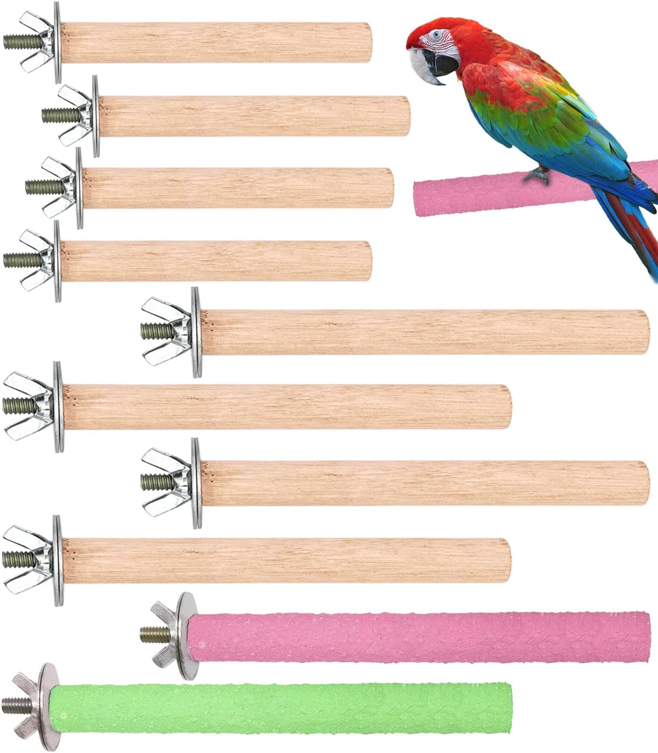 10 PCS Bird Perch, Bird Stand Toy Set Natural Wood Parrot Stand Branch Parakeet Toys Stick Exercise Bird Cage Accessories for Budgies Love Birds Finches Small Bird Toys image number 4
