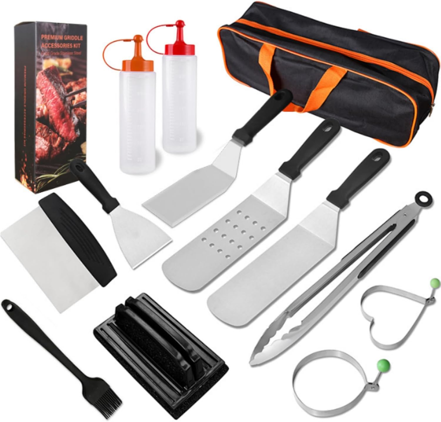 Griddle Accessories Kit, Flat Top Grill Accessories Set, Outdoor BBQ Tool Set, Grilling Utensils Set with Long Handle Metal Spatula, Griddle Scraper, Cleaning Kit, Carry Bag image number 2