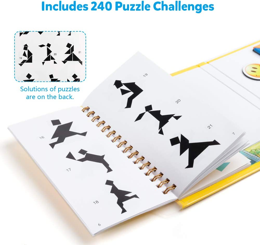 Travel Tangram Puzzle with 3 Set of Magnetic Tangram - Road Trip Tangoes Jigsaw Shapes Dissection Games with Solution - IQ Book Educational Toy Brain Teaser Kid Adult Challenge