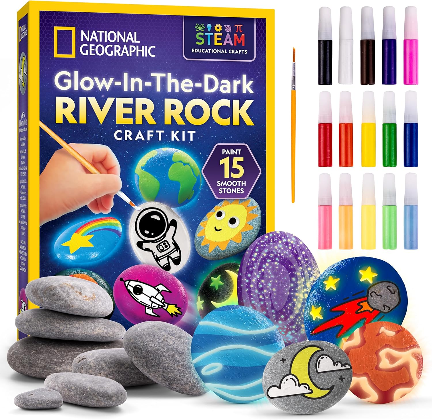 National Geographic Glow in the Dark Rock Painting Kit - Arts & Crafts Kit for Kids, Decorate 15 River Rocks with 15 Paints & Art Supplies, Kids Craft