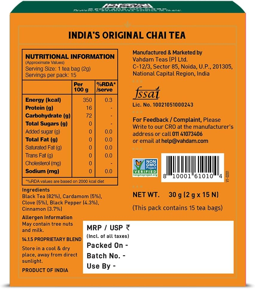VAHDAM, India'S Original Masala Chai Tea Bags (15 Count) Non GMO, Gluten Free, No Added Flavoring | Blended W/Savory Exotic Spices | Individually Wrapped Pyramid Tea Bags | Direct from Source image number 6